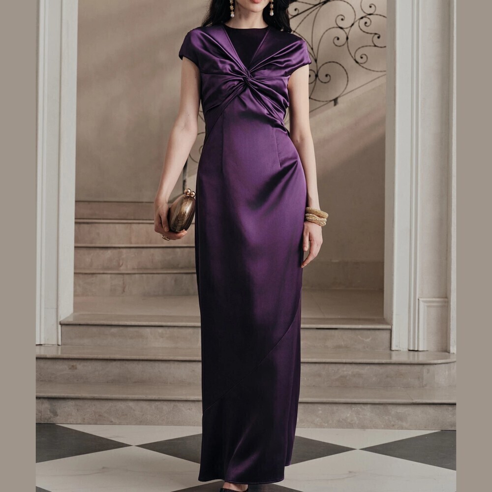 Plum Purple Satin Twist Front Cap Sleeve Slim Fit Maxi Dress